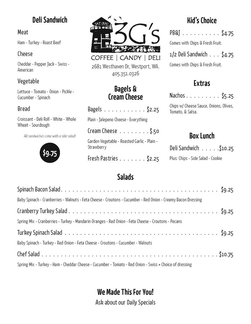 Full cafe menu covering deli sandwiches, salads, bagels, and box lunches