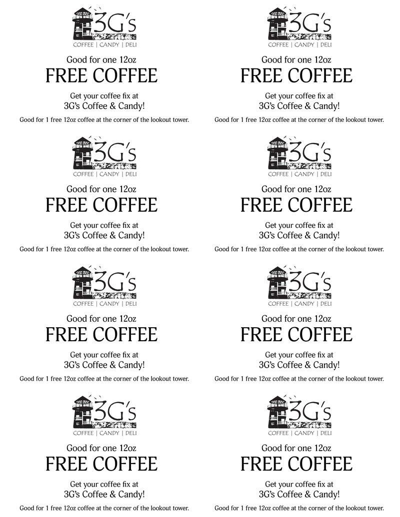 Free-drink loyalty coupons, printed eight-up for in-store distribution
