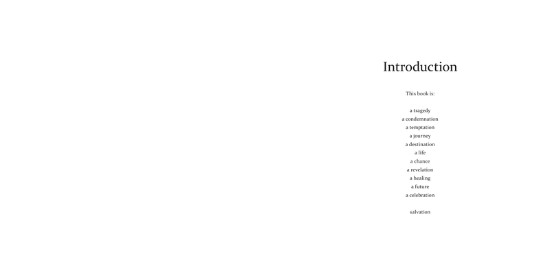 Introduction — "This book is:" followed by a centered stack of single words that runs from tragedy down to salvation