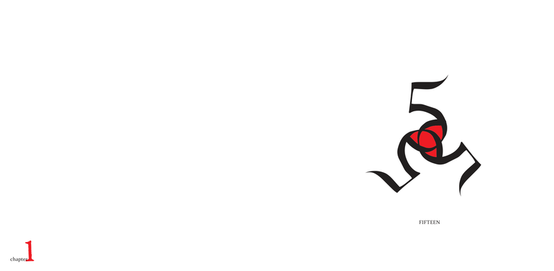 Chapter 1 opener, "Fifteen" — a brush-drawn 1 and 5 locked into a rotating monogram with a red counter at its centre, the chapter name in small caps beneath, and a red numeral 1 anchored at the foot of the verso