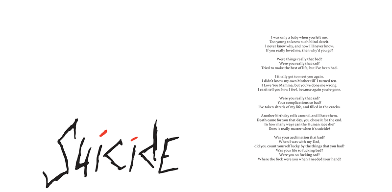 "Suicide" — the title in brush and ink at a huge scale across the foot of the verso with two red accent strokes, lyrics set centered on the recto