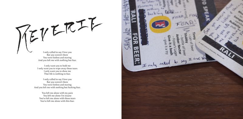 "Reverie" — hand-lettered title and centered lyrics on the verso, with a full-bleed photograph on the recto of the song's original lyrics written on bar coasters