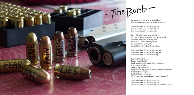 "Time Bomb" — a full-bleed photograph of a pistol and loose cartridges on a red surface, each bullet hand-marked with a word (FEAR, RAGE, HATE, PAIN, LIES), running under the hand-lettered title and lyrics