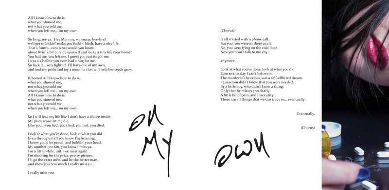 "On My Own" — two lyric columns across the spread with the title hand-lettered large and mirrored through the centre, and a narrow vertical crop of my own photograph of Hailey Francis holding the outer edge