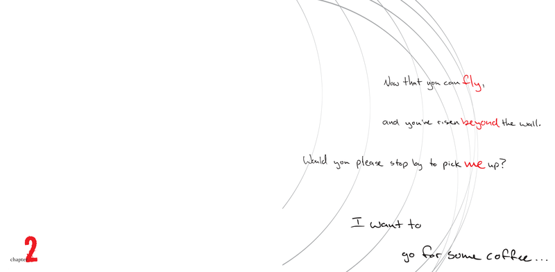 Chapter 2 opener, "Fly Beyond Me" — handwritten lines stepped down the recto with the key words picked out in red, thin concentric arcs sweeping behind them, red numeral 2 at the foot of the verso
