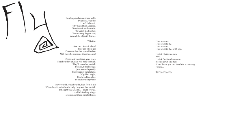 "Fly" — the title in brush and ink at the top of the verso with a nested triangular eye mark, lyrics running in two ragged columns across the spread
