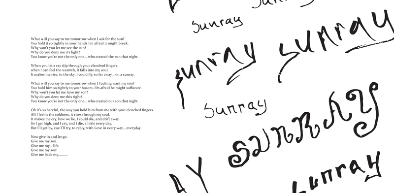 "Sunray" — the recto filled with the word hand-lettered over and over at different scales and angles, lyrics set flush left on the verso