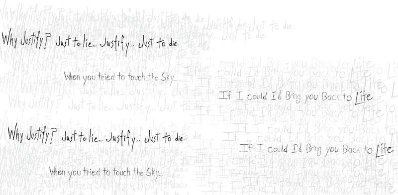 "Breathe" outro — the refrain hand-lettered in dark grey over a pale ghost layer of the same phrases repeated hundreds of times, one line per page