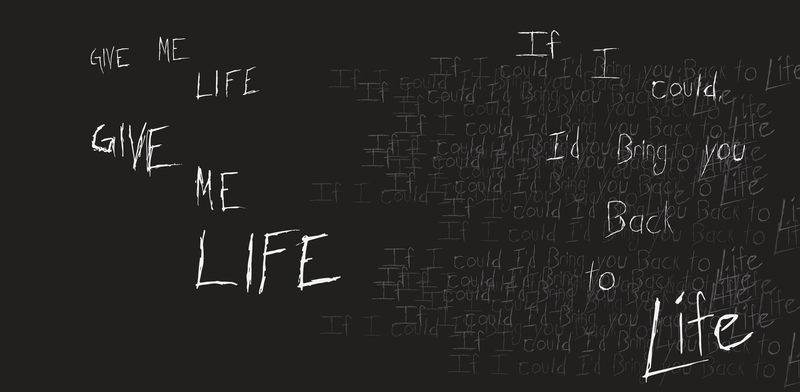"Breathe" outro, inverted — the same treatment reversed white out of near-black, "GIVE ME LIFE" stepping up in scale on the verso against a cascading line on the recto