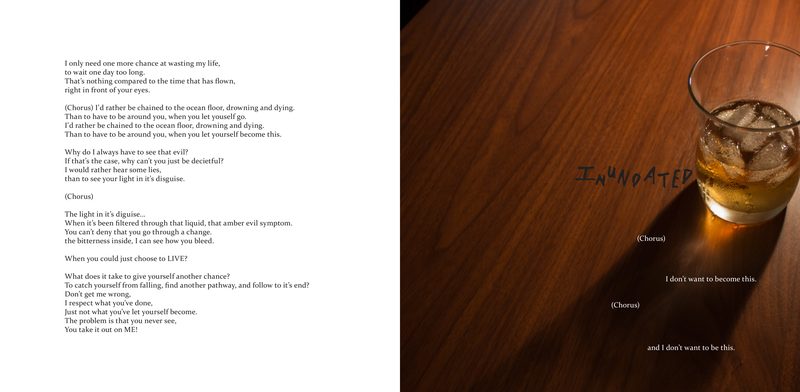 "Inundated" — lyrics flush left on the verso, with a full-bleed photograph of a whiskey glass on dark wood in a warm pool of light, the title hand-lettered into the grain and short lines placed inside the shadow
