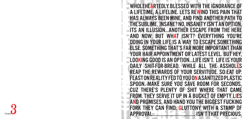 Chapter 3 opener, "Awakening" — a solid justified block of condensed all-caps over a pale ghost text layer, with single letters picked out in red to spell the chapter name as an acrostic, red numeral 3 at the foot of the verso