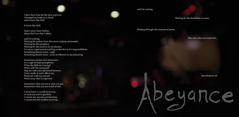 "Abeyance" — a full-bleed night photograph of coloured bokeh across both pages, lyrics reversed out in light type on the verso and scattered single lines on the recto, title hand-lettered in grey at the corner