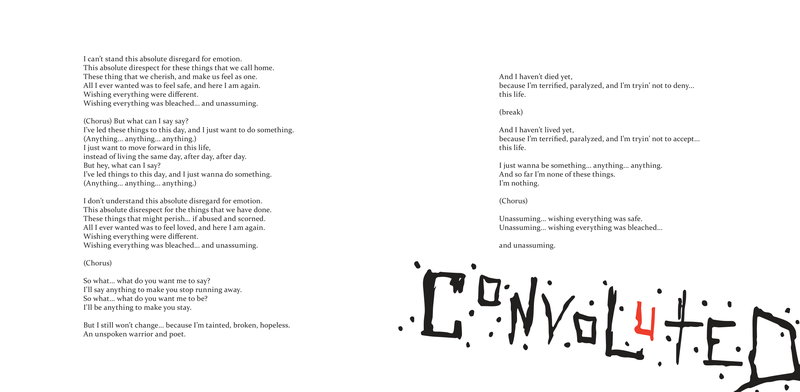 "Convoluted" — two flush-left lyric columns with the title hand-lettered in blocky brush caps across the foot of the recto, a single letter and the punctuation in red