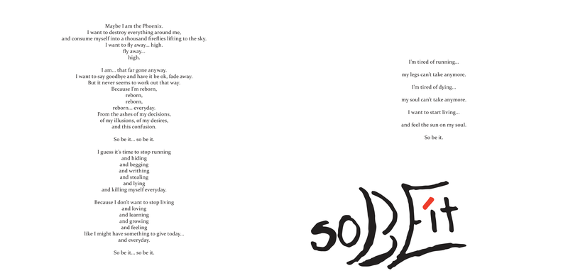 "So Be It" — centered lyrics on the verso stepping into indented lists, short centered lines on the recto, title hand-lettered large with a red accent stroke