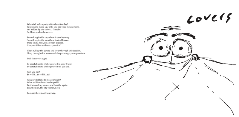 "Covers" — a pen line drawing of a face with wide eyes peering over the edge of a blanket, taken into Illustrator and finished as a digital illustration, filling the recto with the title hand-lettered above it and lyrics flush left on the verso