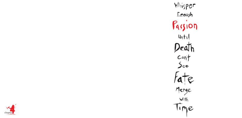 Chapter 4 opener, "Passion" — a vertical stack of hand-lettered words alternating in scale down the recto with the chapter name in red, red numeral 4 at the foot of the verso