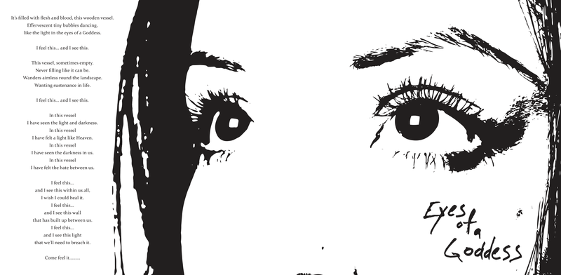 "Eyes of a Goddess" — my photograph of Hailey Francis's eyes taken into Illustrator and rebuilt as high-contrast black-and-white digital artwork, spanning the spread, lyrics flush left at the outer edge and the title hand-lettered at the corner