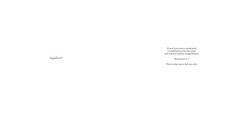 "Insignificant" — the sparsest spread in the book: a tiny red hand-lettered title on the verso, a four-line centered stanza on the recto, everything else white