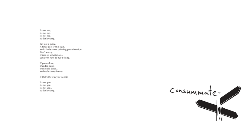 "Consummate" — lyrics flush left on the verso, the title hand-lettered at the foot of the recto beside a solid black signpost illustration