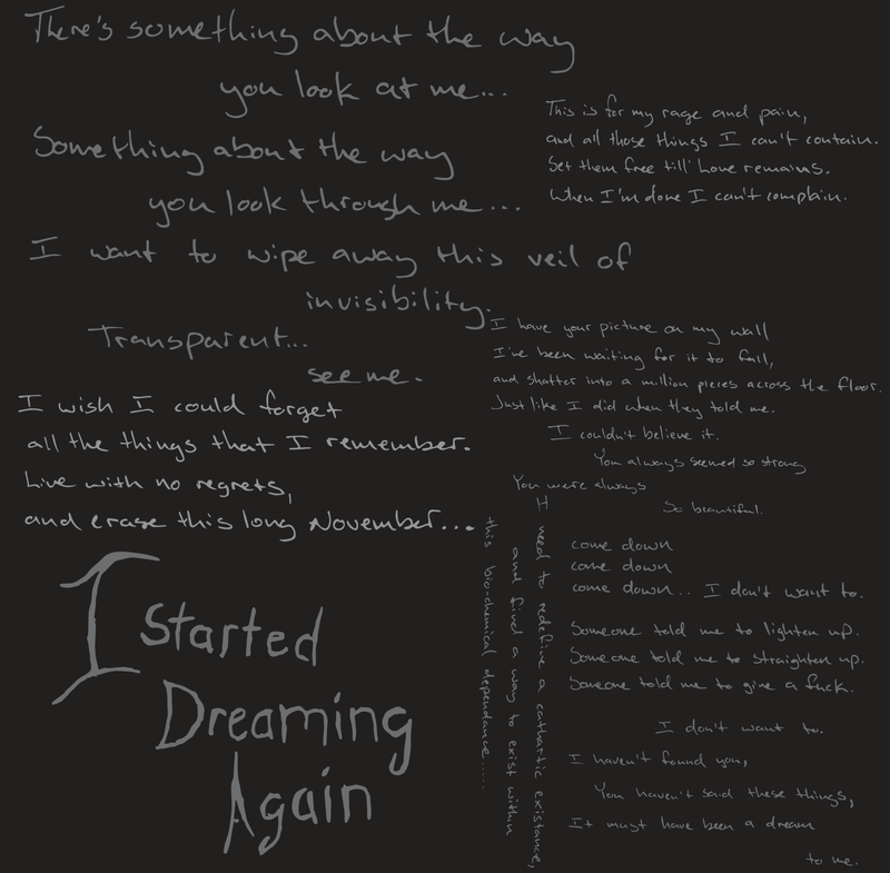 Back cover — the dark ground and handwritten lyric field carried over from the front, with a closing line hand-lettered larger and reversed out at the foot