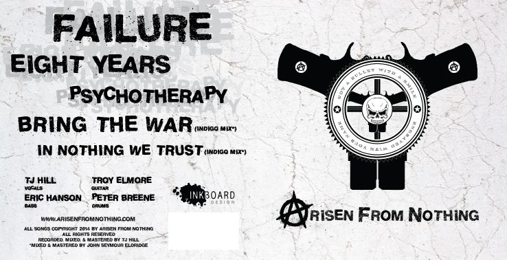 EP sleeve, 2014 — the full wrap, back panel left and front panel right. Layout, typography and logo are mine; the skull-and-revolvers emblem was supplied by the band. [wide]