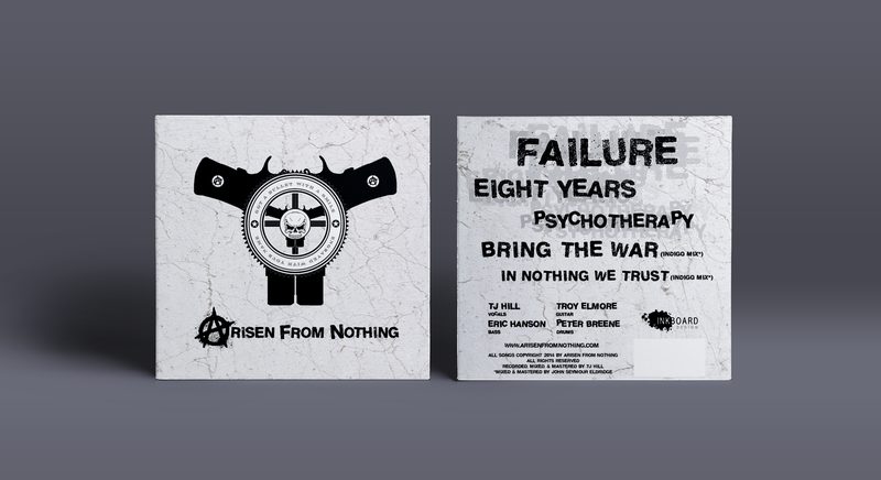 EP presentation mockup: front and back of the sleeve as a physical card wallet. The back carries the tracklist, the band credits and the Inkboard Design mark. [wide]