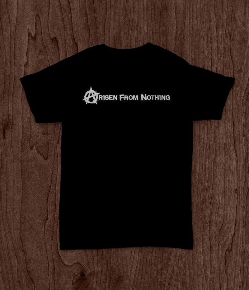 Shirt mockup — the logotype alone, small and across the chest, to show the band how little it needed. [small]