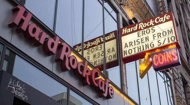 The Hard Rock Cafe marquee with the band's name on the reader board. Worth stopping for before you go inside.