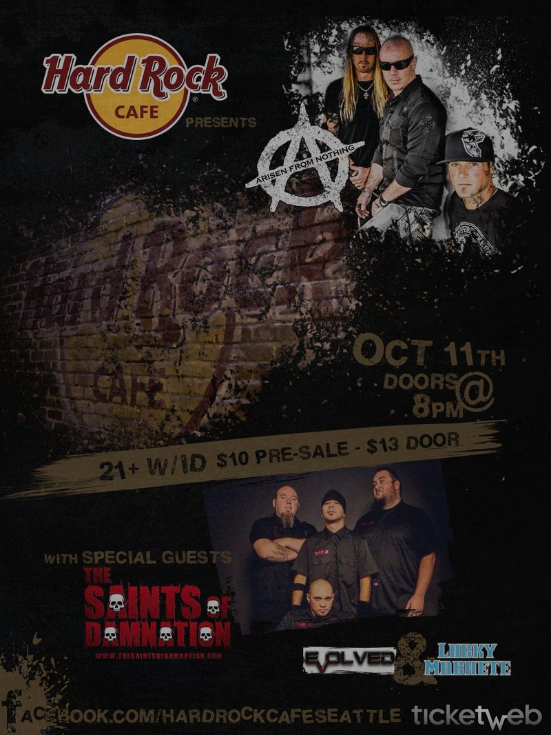 Hard Rock Cafe Seattle show poster. My layout and typography, my logotype and band photograph; the venue, support-act and ticketing marks were supplied. [tall]