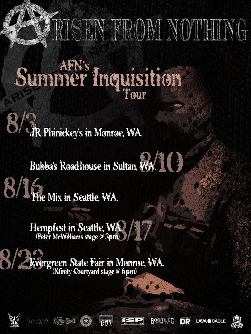 Summer Inquisition Tour poster, 2013 — five dates set as a staggered calendar over a treated background, sponsor marks along the foot. [tall]