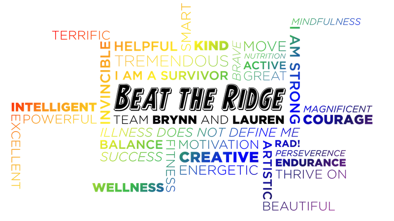Final artwork — a cross-shaped word cloud of affirmations running left to right through a red, orange, yellow, green, blue, and violet sequence, with the "Beat the Ridge" wordmark in an outlined retro slab at the center and "Team Brynn and Lauren" set beneath it