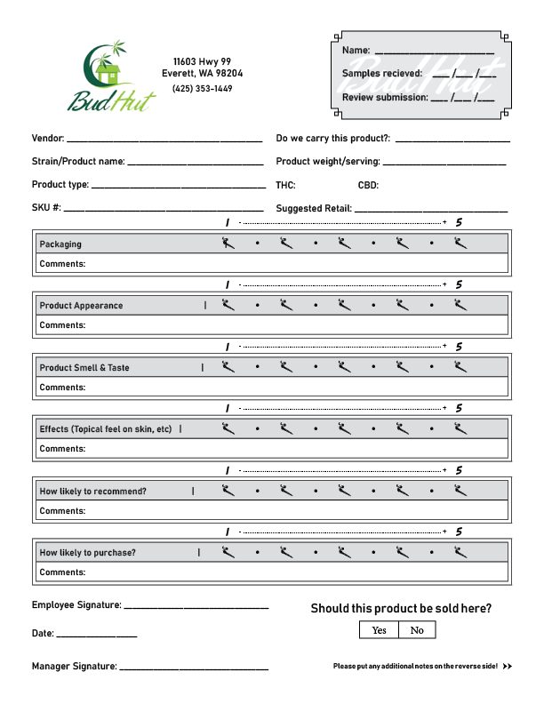 Final version — the revised sheet with the Bud Hut logo and store contact set at top left, a bordered reviewer box at top right carrying name, samples received, and submission date, six scored criteria each with its own comment row, and the buy-or-pass question paired with both signature lines at the foot