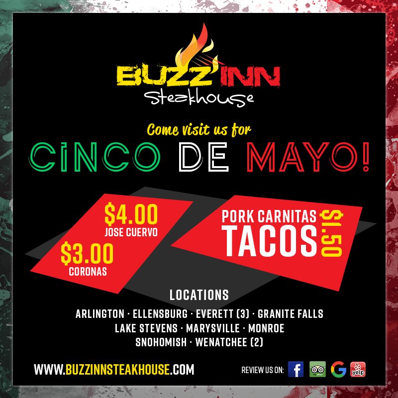Cinco de Mayo square — a black field bordered by green, white, and red paint splatter, the holiday set in outlined display capitals, and three red parallelogram price flags angled across the middle for Jose Cuervo, Coronas, and pork carnitas tacos