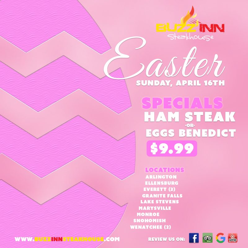 Easter mobile graphic — an oversized pink egg with embossed chevron banding filling the left half, "Easter" in a white script beside it, the ham steak and eggs benedict special priced in a solid pink block, and the location list stacked in a narrow column for phone screens