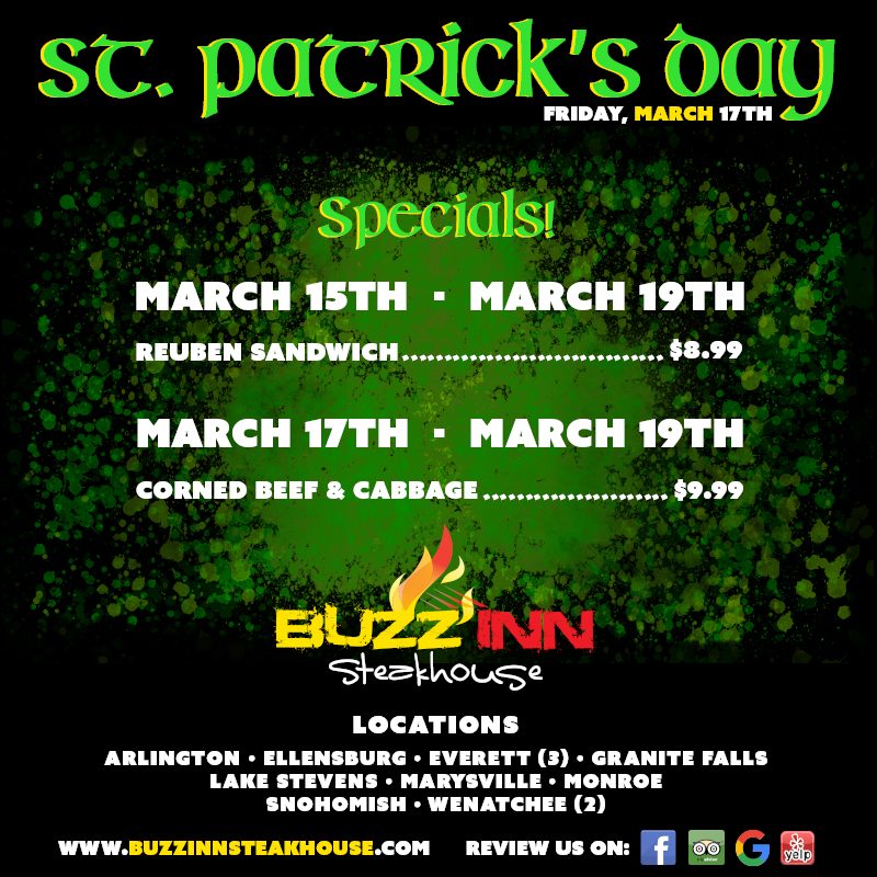 St. Patrick's Day chain-wide square — the holiday name in a green gradient blackletter across the top, two dated special windows set as leader-dot menu lines over a mottled green field, and all twelve locations listed above the review-platform icons