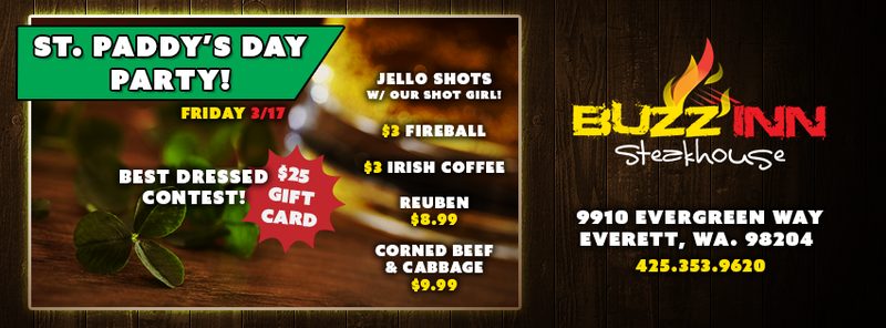 St. Paddy's Day Facebook cover for the Evergreen Way store — a green angled banner over a photograph of clover and a poured pint on dark planking, listing jello shots, $3 Fireball, $3 Irish coffee, and the two food specials, with a red starburst for the $25 gift card best-dressed contest and the Everett address and phone set at right