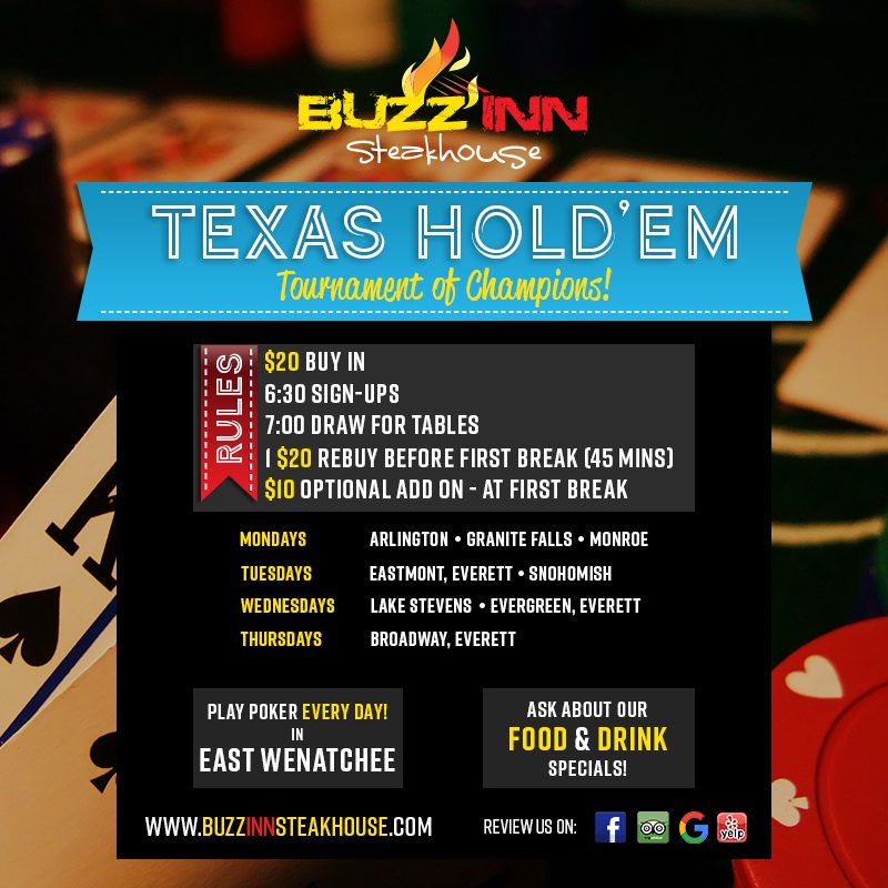 Texas Hold'em Tournament of Champions — a square social graphic over a shallow-focus photograph of cards and chips, with a cyan ribbon banner carrying the tournament name, a red "RULES" tab listing the $20 buy-in, 6:30 sign-ups, 7:00 table draw, and rebuy structure, and a four-day schedule mapping which locations host on which nights