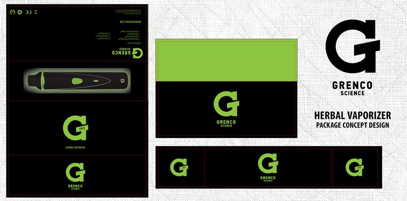 Grenco G Pen Pro — flattened packaging dieline, black and green color scheme with product window and brand panel