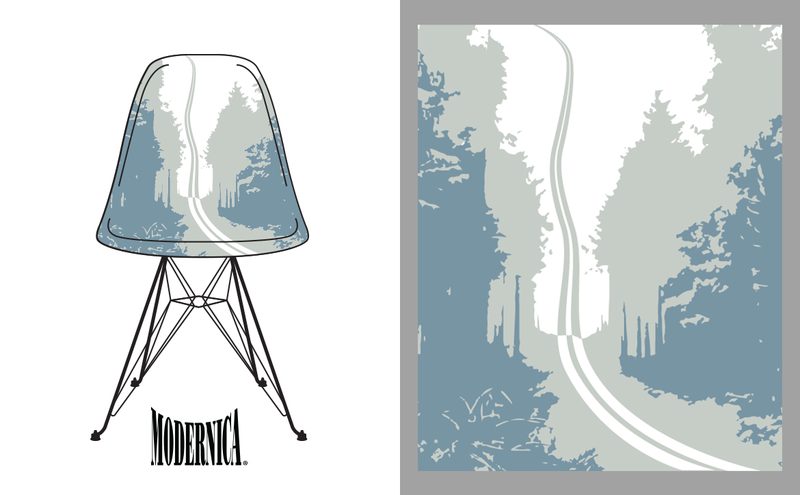 Modernica — early version of the shell chair lifestyle design, photographic setting with Modernica wordmark before the layout was refined