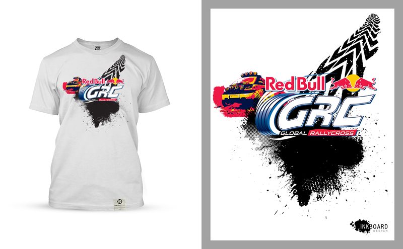 Red Bull Global Rallycross — red-ground tee with checkered flag motif and GRC series branding, the boldest color entry