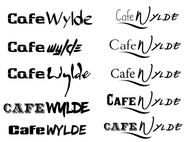 Round one, ten pairings on one sheet — a squared bold slab "Cafe" locked against brush-marker and angular deco settings of "Wylde," several carried on a swash underline