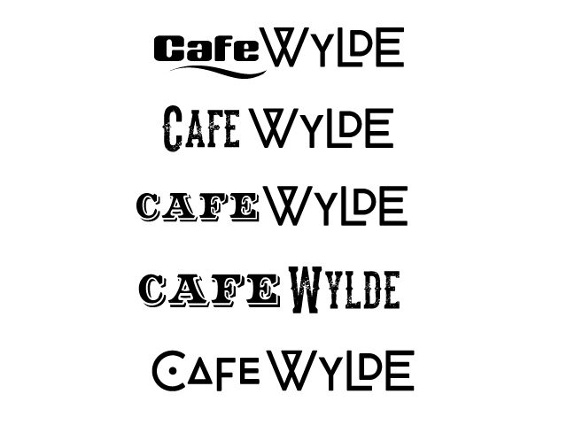 Round two, five pairings — distressed and inline western slabs for "CAFE" against a geometric art-deco "WYLDE," the last one dropping a circular dot device into the C