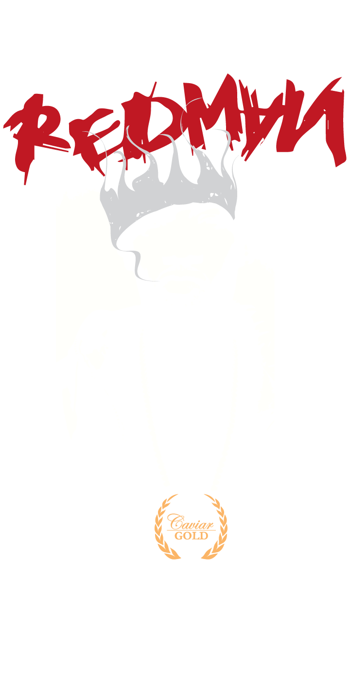 Delivered print film — the artwork as it goes to the printer, red tag, grey crown, white portrait and gold medallion isolated with no garment behind them, built at 720 x 1440 px in CMYK with everything outlined