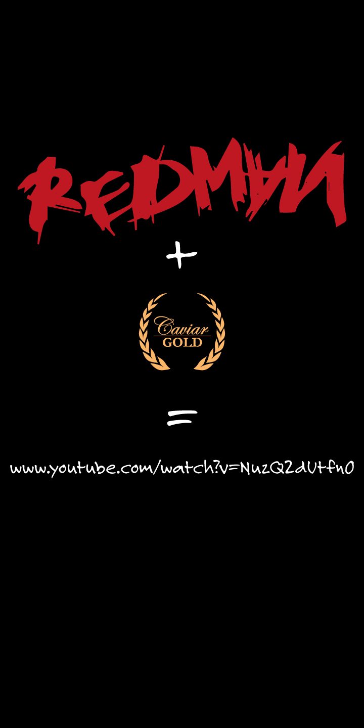 Video teaser graphic — the campaign stated as arithmetic on black: the red Redman tag, a plus sign, the Caviar Gold laurel, an equals sign, and a YouTube URL as the answer