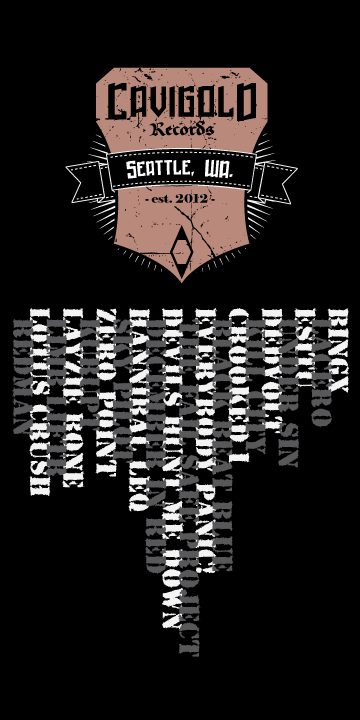 Label roster shirt — the crest above thirteen act names, each set vertically in a distressed condensed face and stepped in length so the block resolves into a downward wedge pointing away from the crest