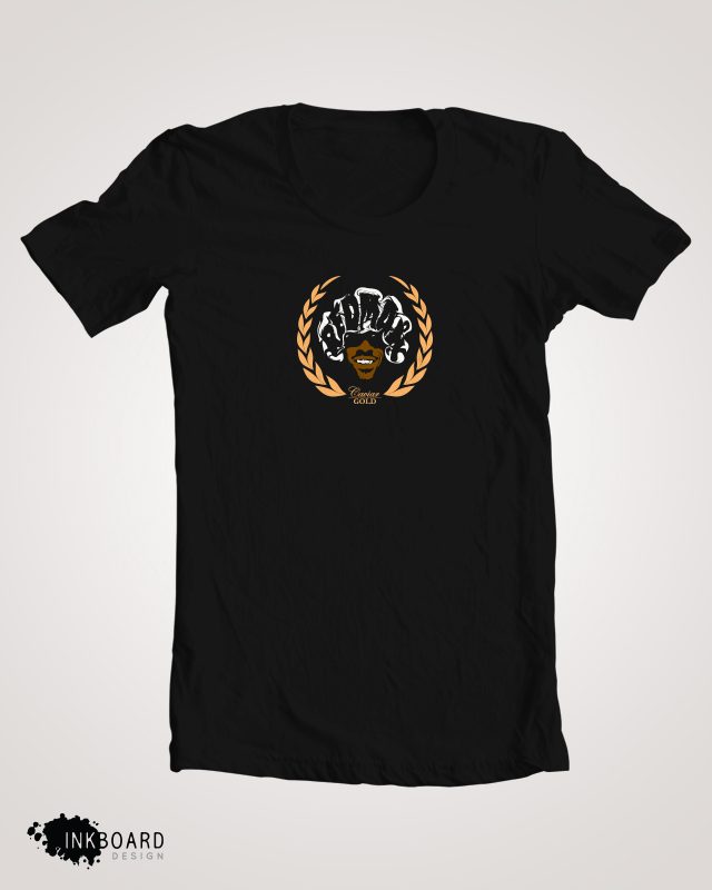 Crest on black — the Redman artwork reduced to a left-chest badge, the crowned head shrunk inside the Caviar Gold laurel wreath with the wordmark beneath, printed in gold and cream