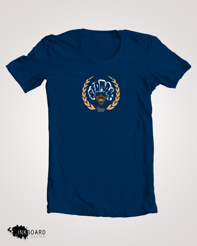 Crest on navy — the one colourway that fights the palette, the cool ground pulling the gold toward green