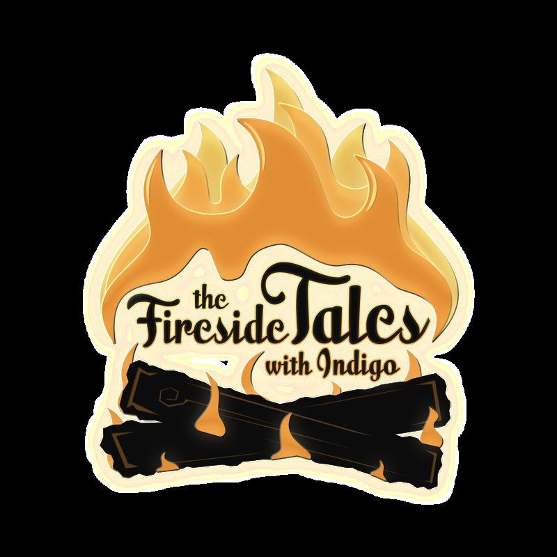 Fireside Tales — illustrated crest with campfire and tent, warm storybook aesthetic