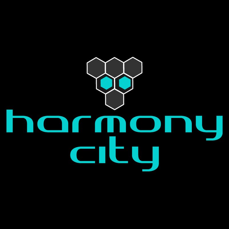 Harmony City — cyberpunk logo with neon city skyline treatment