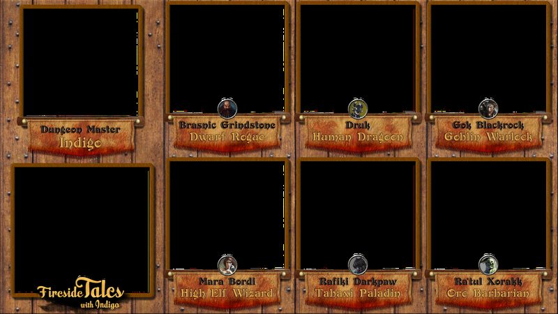 Fireside Tales — warm campfire-bordered overlay with storybook framing and character stat panels